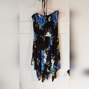 Aloha Fashion Rayon Handkerchief Hem Smocked Hippie Boho Blue Floral